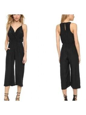 Amanda Uprichard Black Silk Cropped Jumpsuit With Smocked Waist
